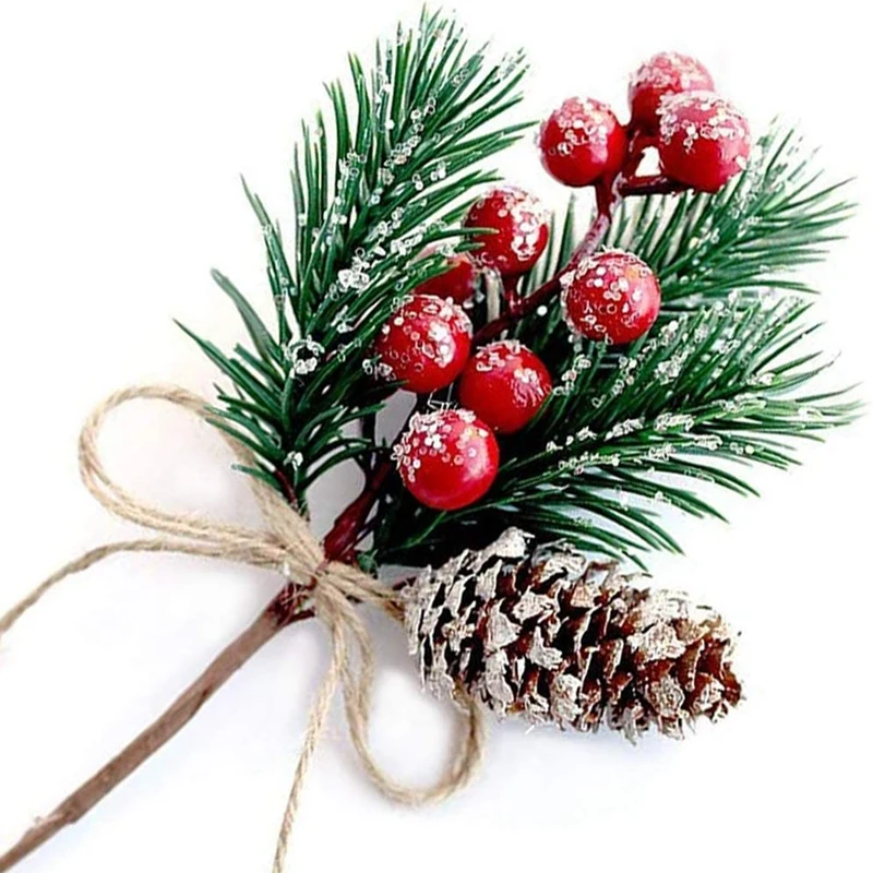 Red Berry Stems Pine Branches Evergreen Christmas Berries Decor 8 PCS Artificial Pine Cones Branch Craft Wreath Pick