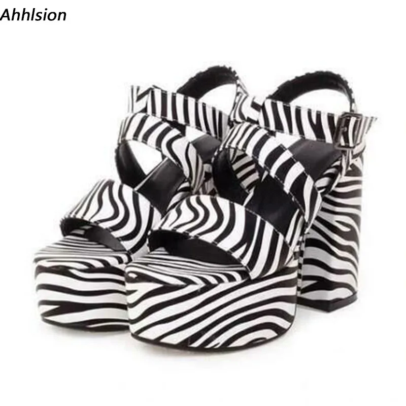 Ahhlsion Real Picture Women Platform Sandals Chunky Heels Round Toe Gorgeous Zebra Club Shoes Ladies Plus US Size 5-15