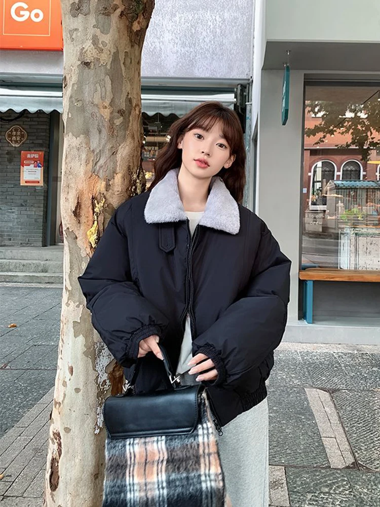 سترة شتوية دافئة بياقة قطيفة Y2K فضفاضة وسميكة منتفخة سترة قصيرة كورية حلوة مرقعة وسحاب متين معاطف قصيرة جديدة