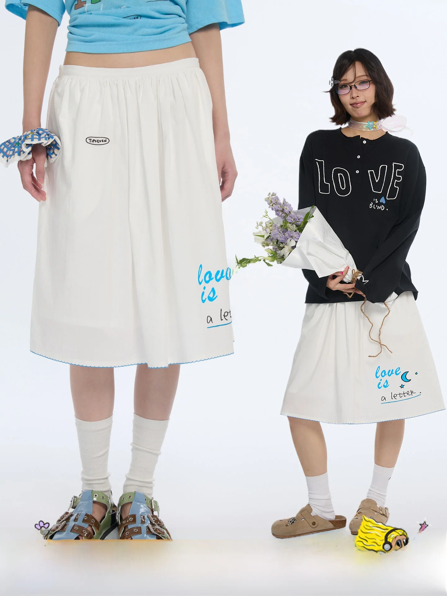 TIPSEVEN Star Moon Letter Summer Embroidered Loose A-Line White Midi Skirt Versatile Women's Half Skirt Elastic Waist Cotton ...