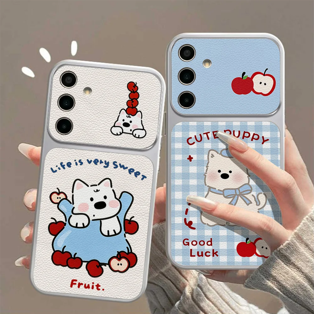 Cute White Puppy Phone Case For Samsung A56 A36 A27 A26 A57 A17 A07 A37 A55 A16 S26 Ultra S24 FE S25 Leather Soft Lanyard Cover
