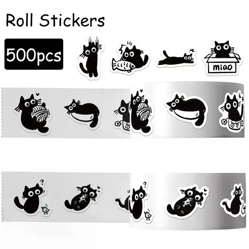 500개/세트 검은 고양이 롤 스티커 그래피티 스티커 DIY 휴대폰 케이스 노트북 물병 방수 스티커