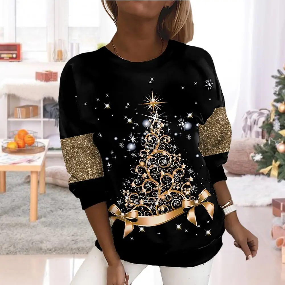 Chic Stunning Visual Effect Loose-fitting Christmas Shirt Snowflake Sparkly Christmas Tree Style Women Shirt