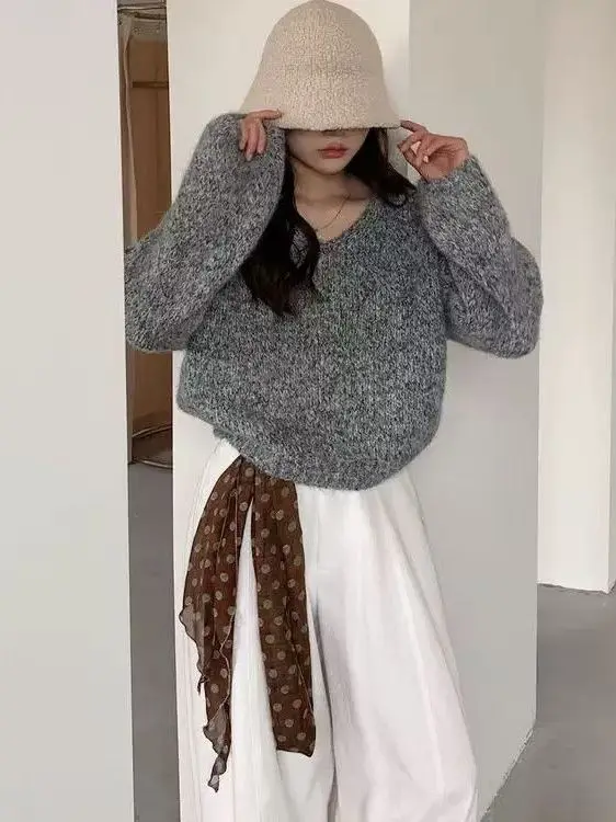 

Свободный женский вязаный свитер с V-образным вырезом, оверсайз, мягкий, осенне-зимний, модный, в корейском стиле, с длинными рукавами