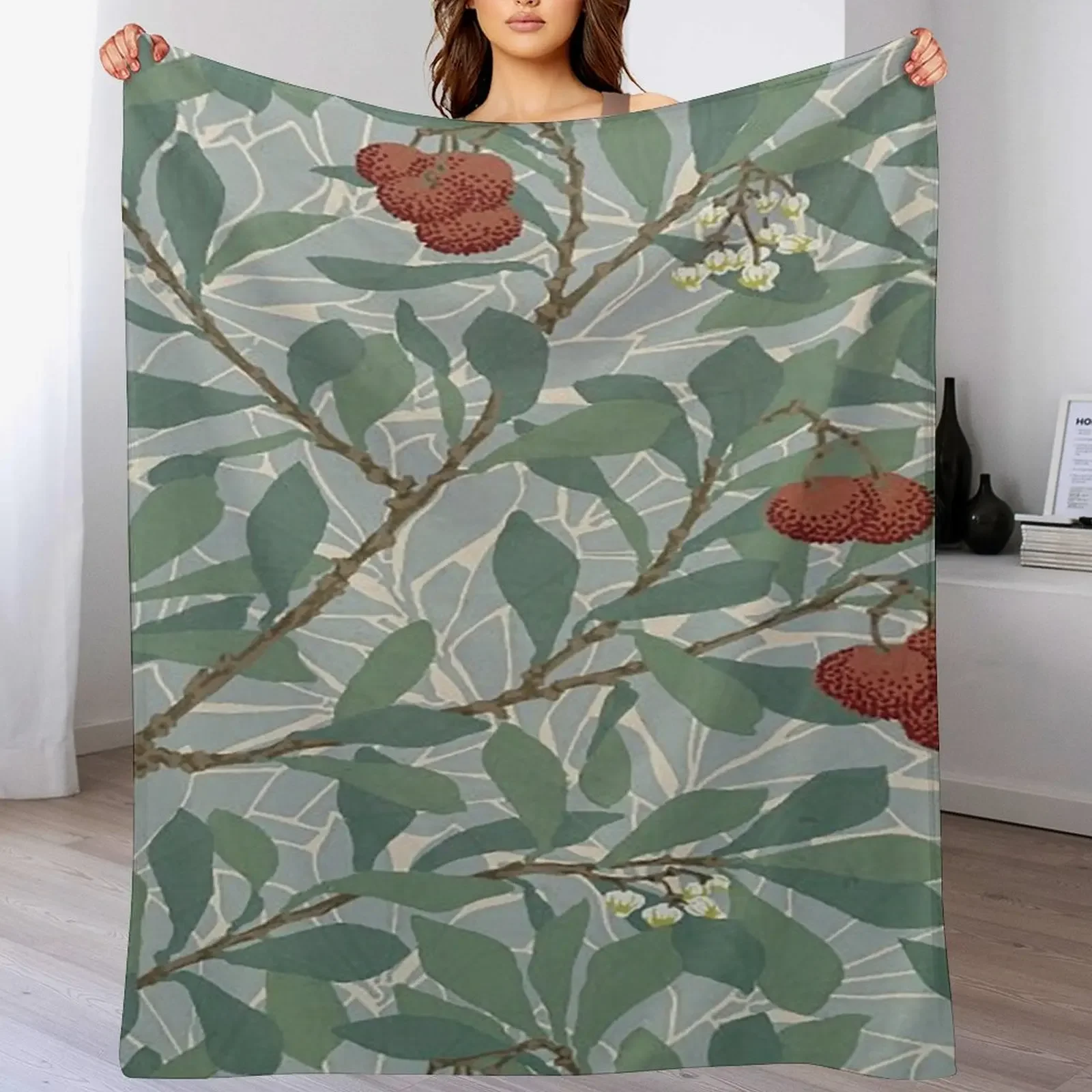 William Morris Green And Red Arbutus Pattern-Vintage Botanical Leaves -Victorian Wallpaper, Throw Blanket Custom Blankets