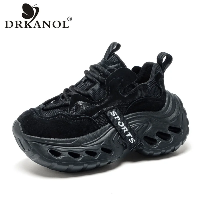 DRKANOL 2026 Fashion Women Thick Sole Height Increasing Shoes Summer Genuine Leather Air Mesh Chunky Platform Casual Dad Shoes