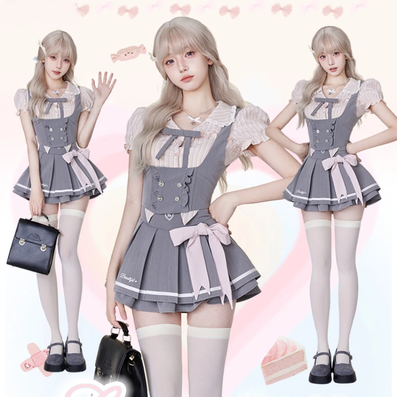 

Japanese Kawaii Lolita Style Skirt Set Women Preppy Style Puff Sleeve Striped Shirt Vest Mini Pleated Skirts Suit Sweet Uniform