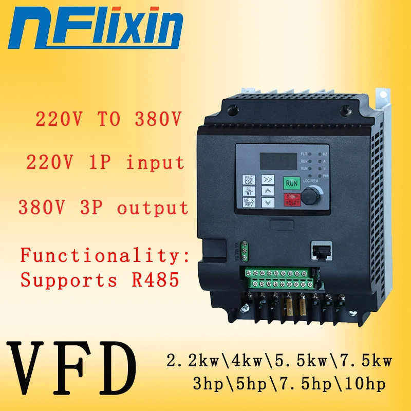 220V single-phase/380V three-phase VFD frequency converter, high efficiency and stable speed regulation, 2.2kW, supports R485.