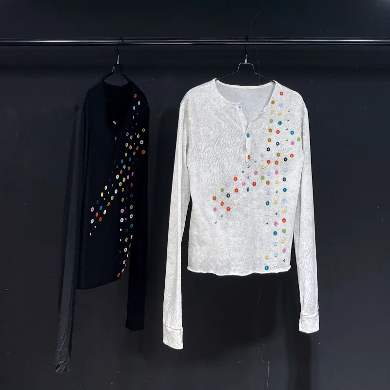 MWJLPWQ اللون متعدد أزرار تصميم تي شيرت للرجال 2025 جديد شارع العليا فضفاض عادية كم طويل الأزواج قمة الخريف موضة 11672