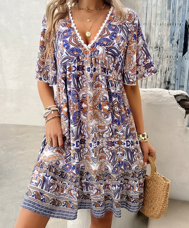 Vacation Dress Woman Casual Elegant Vintage Floral Print V-Neck Dress for Woman Elegant Casual A-Line Short Sleeved Y2K Dress
