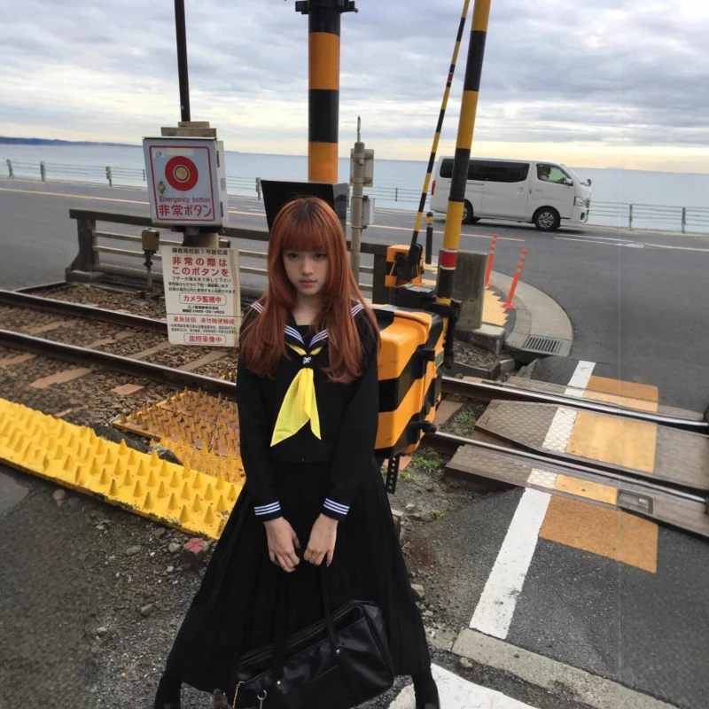 genuine-plus-size-black-three-striped-sailor-jk-uniform-mid-length-top-long-short-sleeve-with-pleated-skirt-campus-style