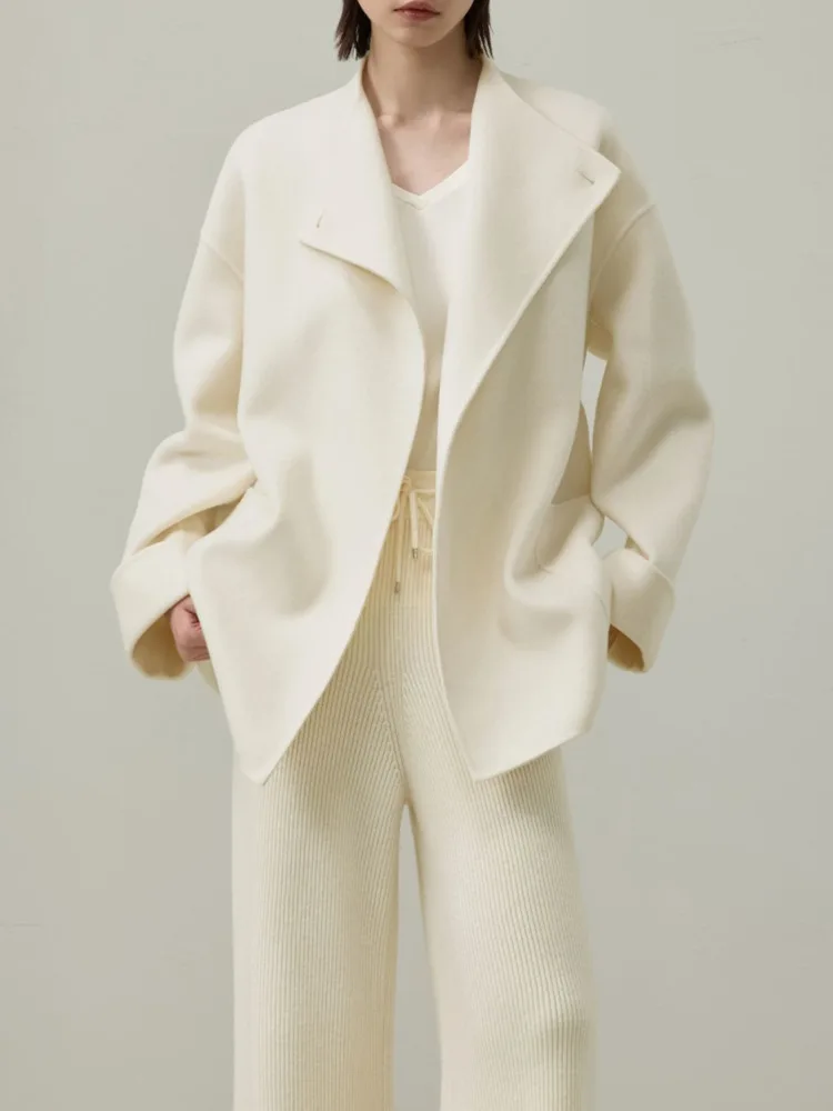 Women Cream White Stand Collar Asymmetric Belted Waist MidLength Coat Patch Pockets Winter Minimalist Elegant Commute Outerwear