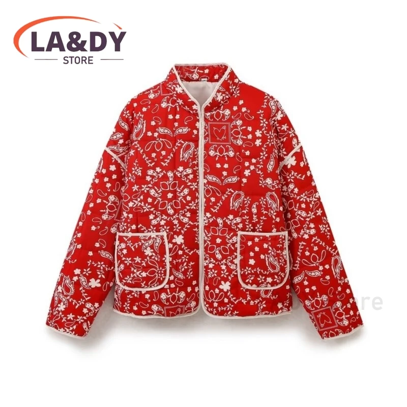 Parkas Coat Women 2024 New Autumn Winter Fashion Loose Stand Collar Printing Female Casual Long Sleeve Pocket Outerwears