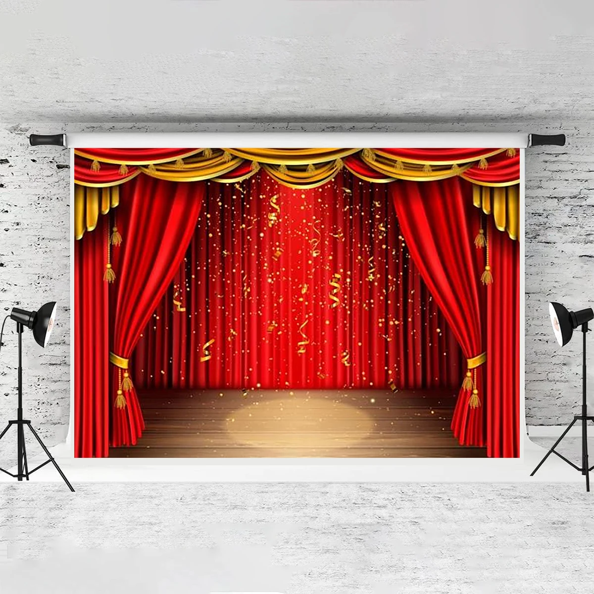 7x5ft Theater Stage Backdrop Circus Curtains Photography Background Spotlights Wooden Floor Festival Celebration Birthday Party