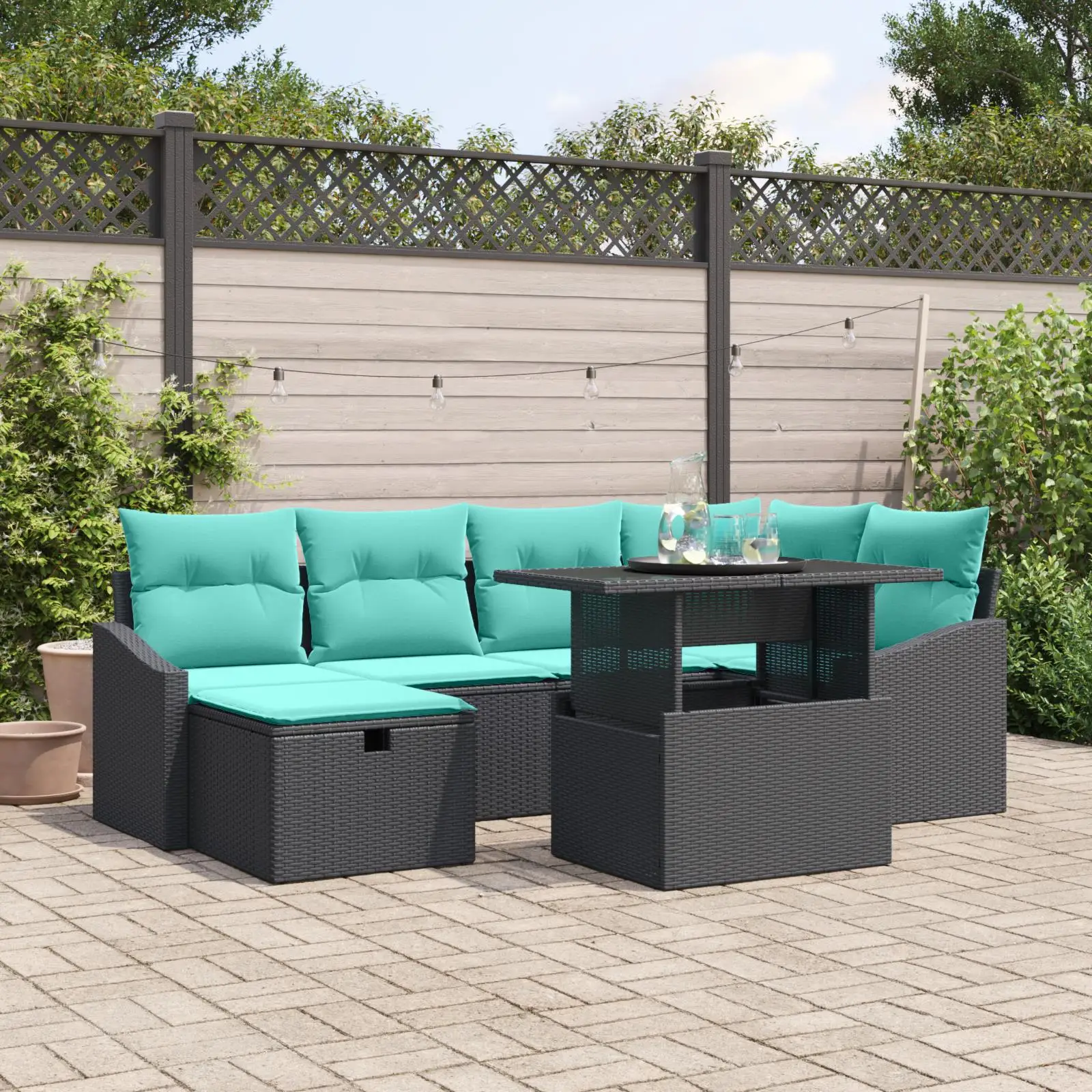 

7 Piece Outdoor Sofa Set with Cushions Black Rattan Furniture for Patio Garden Poolside