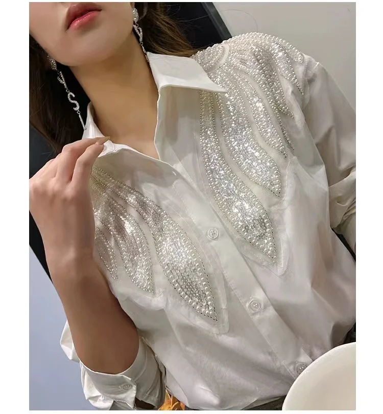 Beaded Sequined Stitch White Blouses Shirts Women 2024 Spring Autumn New In Long Sleeve Shirts Office Lady Tops Camisas De Mujer