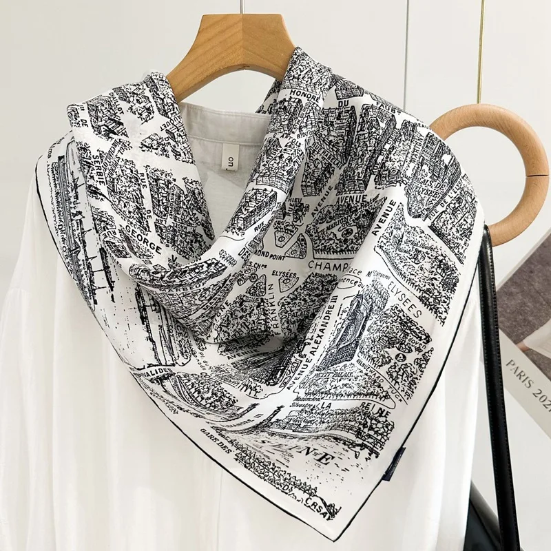 90 Silk Scarf 100% Twill Silk Scarves Wraps Black White Prints Fashion Silk Shawl Cape for Women