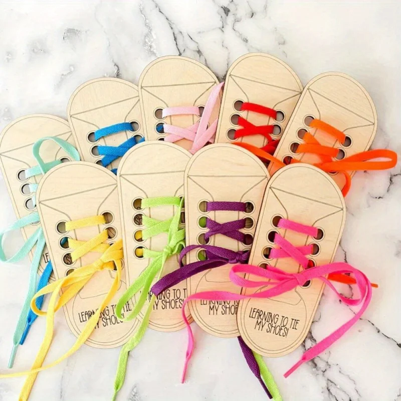 

Kids Learn to Tie Shoes Toy - Wooden Lacing Practice Kit with Shoelaces, Montessori Fine Motor Skill Trainer Gift