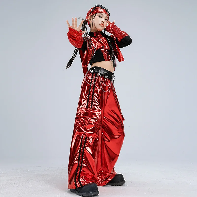 Girls Hip Hop Red Shawl Crop Top Street Dance Shiny Cargo Pant Children K-pop Jazz Streetwear Clothes Sets Kids Group Costumes