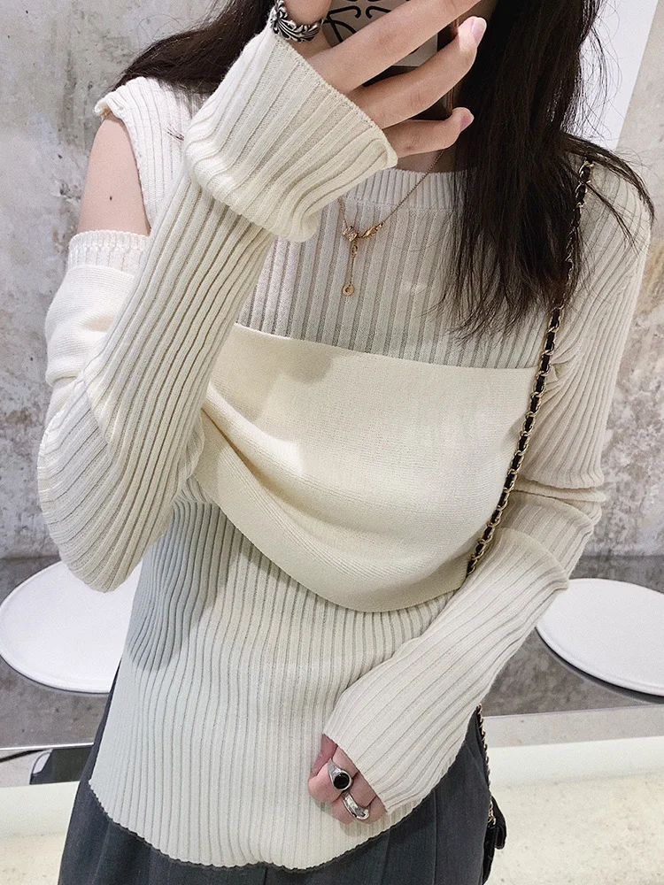 

ENjoyce Spring Fall Women Off Shoulder Sweater Pullovers Korean Fashion Slim Long Sleeve Knit Tops Clothing Knitwear Top Clothes