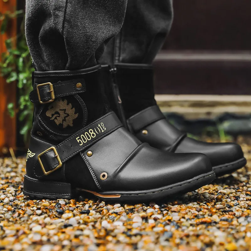 Luxury New Cowboy Men's Ankle Boots High Quality Retro Men Motorcycle Boots Fashion Western Boot Metal Style Zip Men Shoes 39-48 view 3