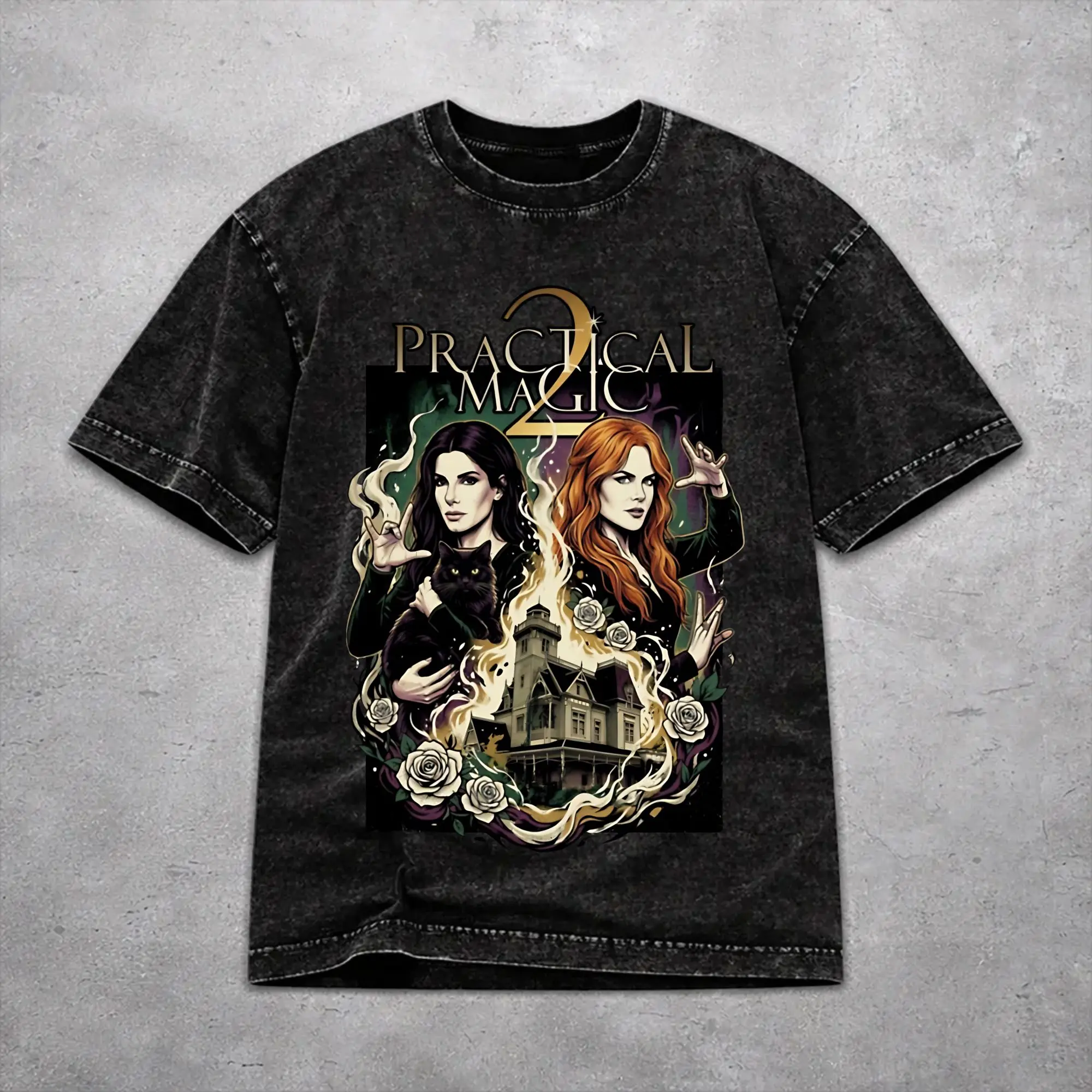 Practical Magic 2 Witchcraft Occult Gothic Witchy Black Cat Washed T Shirt Fashion Streetwear for Men Women Loose T-Shirt Cotton