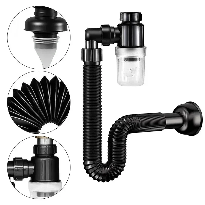 Flexible P-Trap for 30-32mm Drain Pipes Kitchen Sink Washbasin Drainage Pipe Insect-proof Odor-proof Blockage-proof Leak-proof