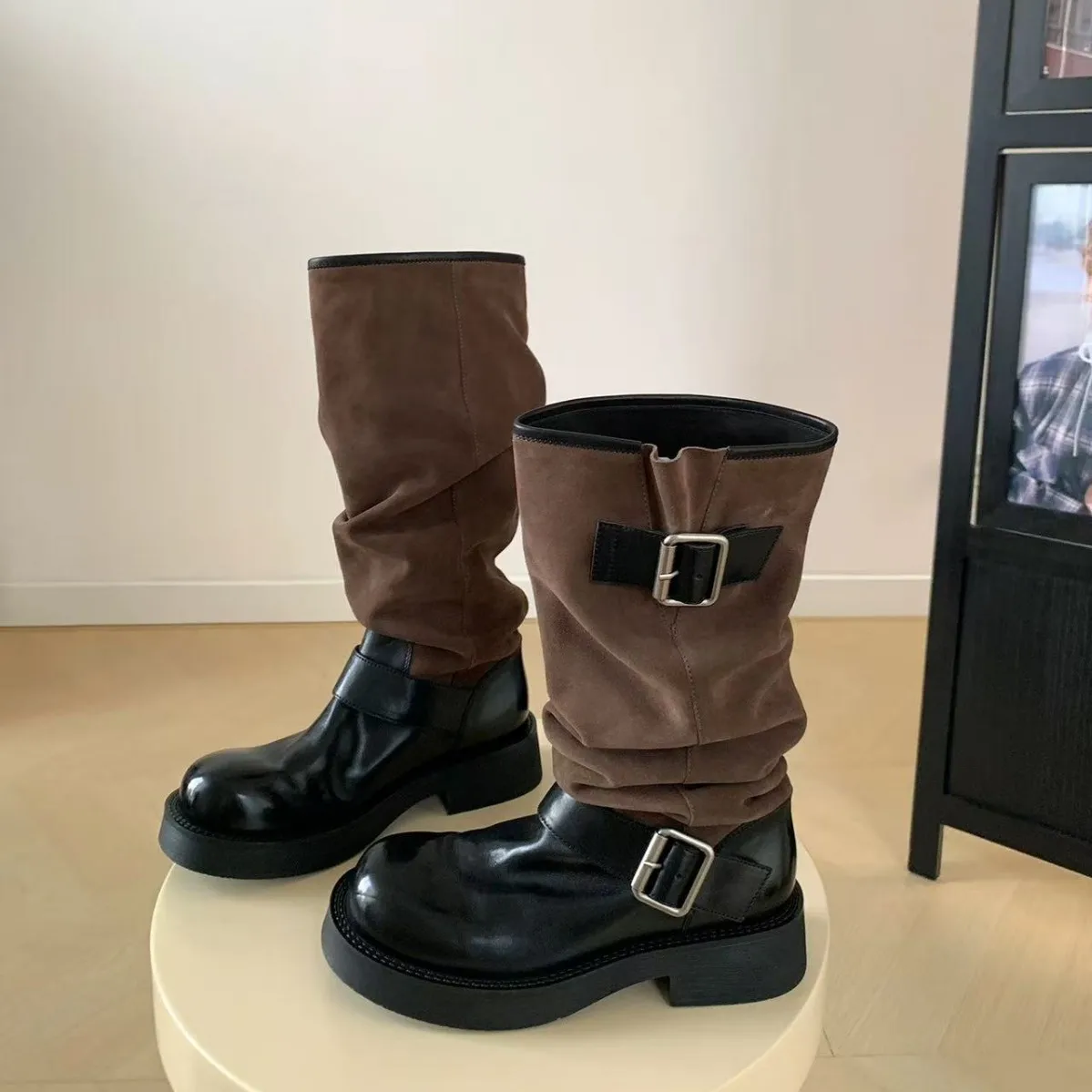 

Patchwork Pleated Designer Mid-Calf Boots Women Chunk Heel Platform Boots Metal Buckle Decoration Winter Shoes for Women