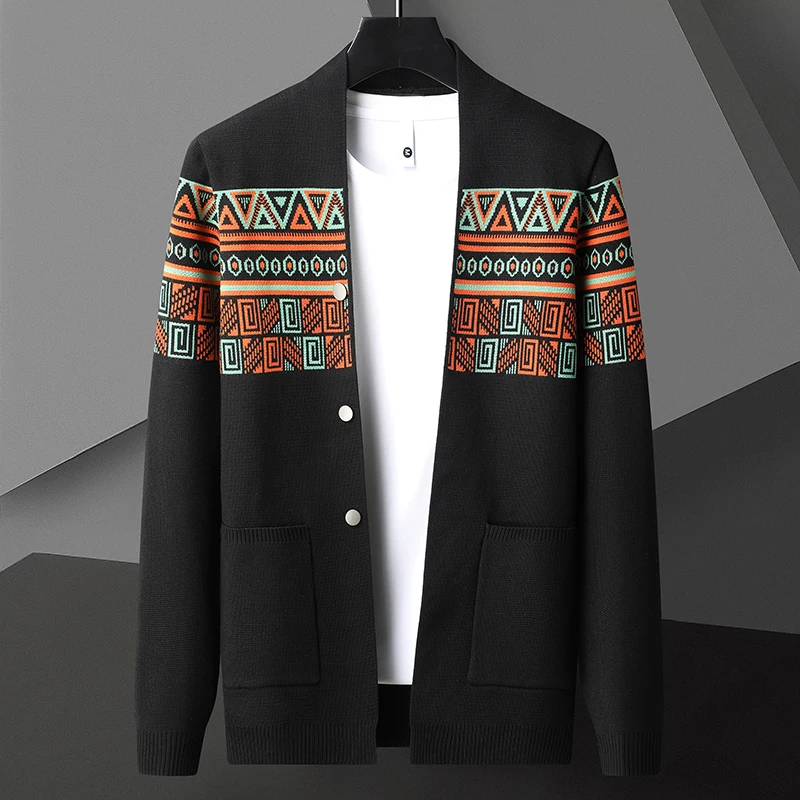 2023 Spring and Autumn New Knitted Jacket Men\'s Fashion Brand Retro Ethnic Style Printing Casual Sweater Cardigan High end Coat