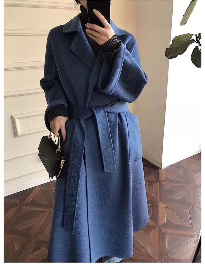 2024 Popular High End Water Ripple Double-sided Wool Coat Women Long Bathrobe Style Autumn Winter Jacket Coat Female Luxury