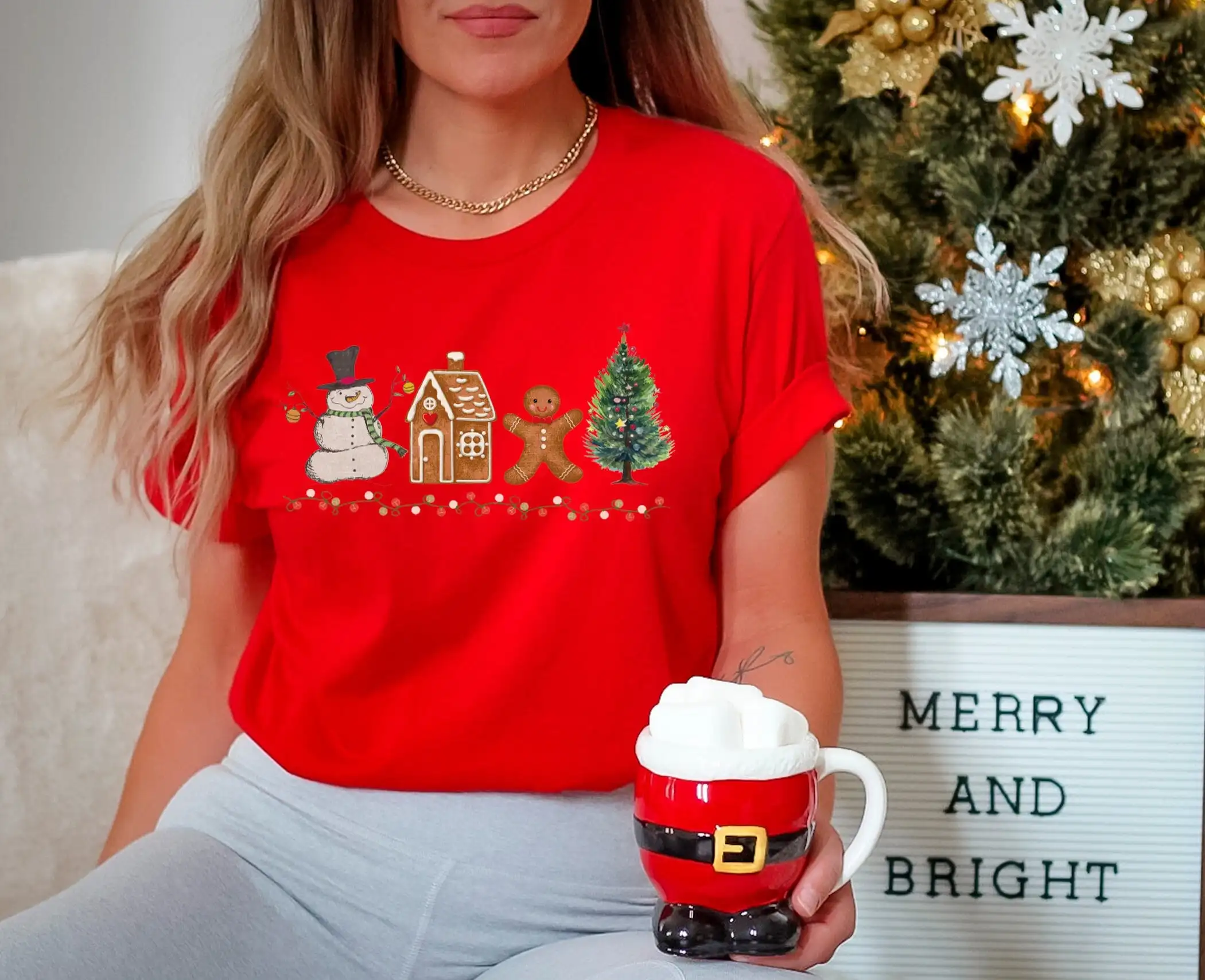 Christmas Snowman Gingerbread House Tree T Shirt Cute Xmas Vintage Lights Women