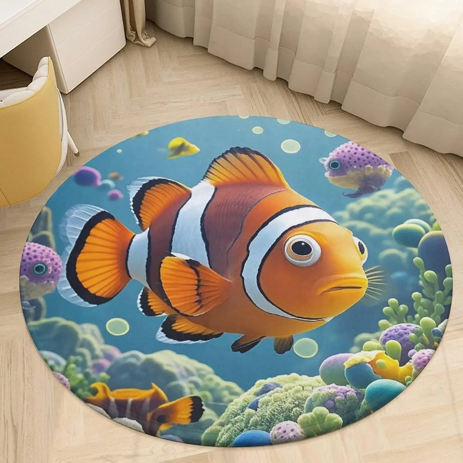Cartoon Clown Fish Round Area Rug - 2D Printed Non-Slip Floor Mat for Living Room Bedroom & Dining Room Decor, 1PC