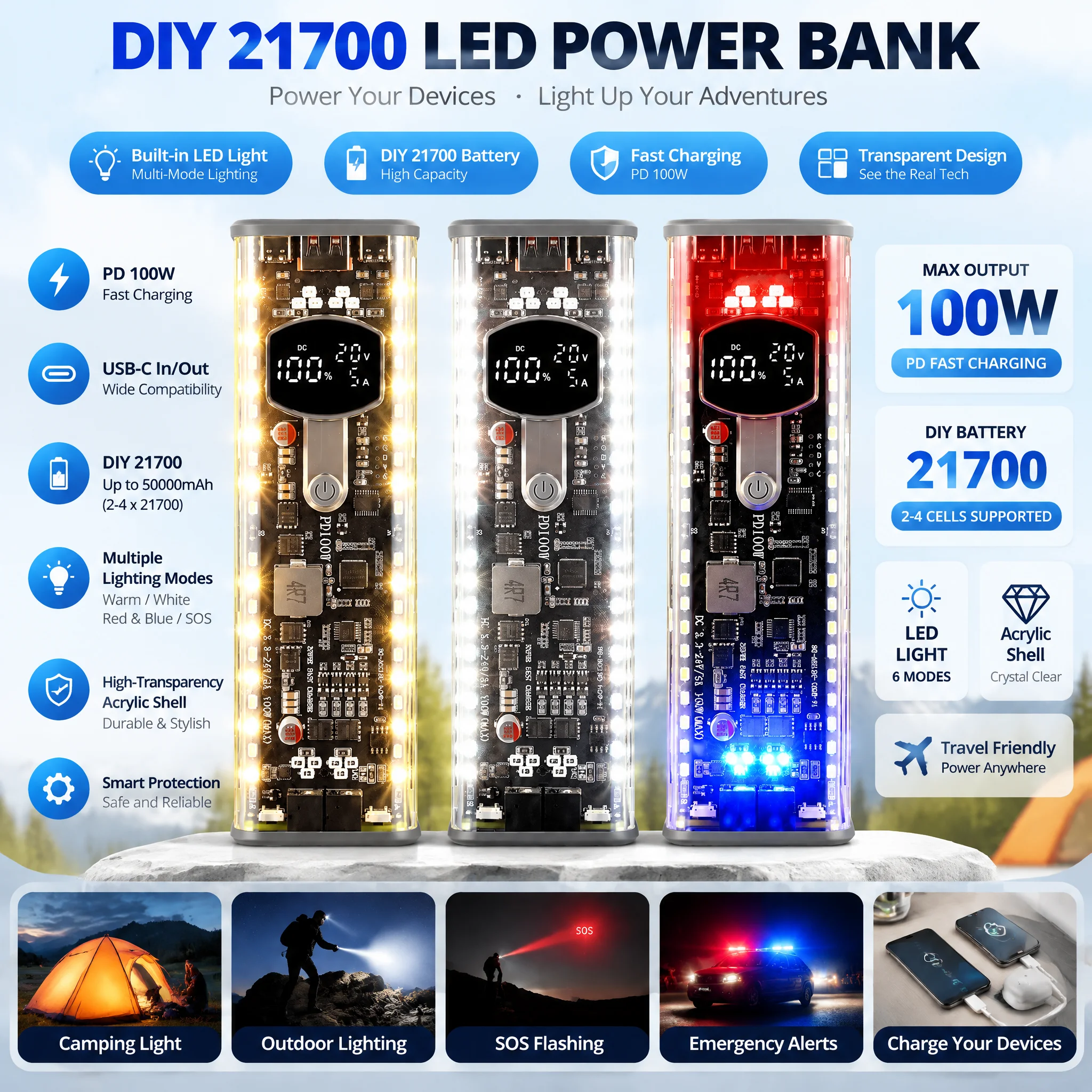 Solder‑Free 8×21700 Power Bank Box PD 100W Transparent Acrylic Shell DC3.3‑24V Adjustable Voltage LED SOS Light DIY Battery Case