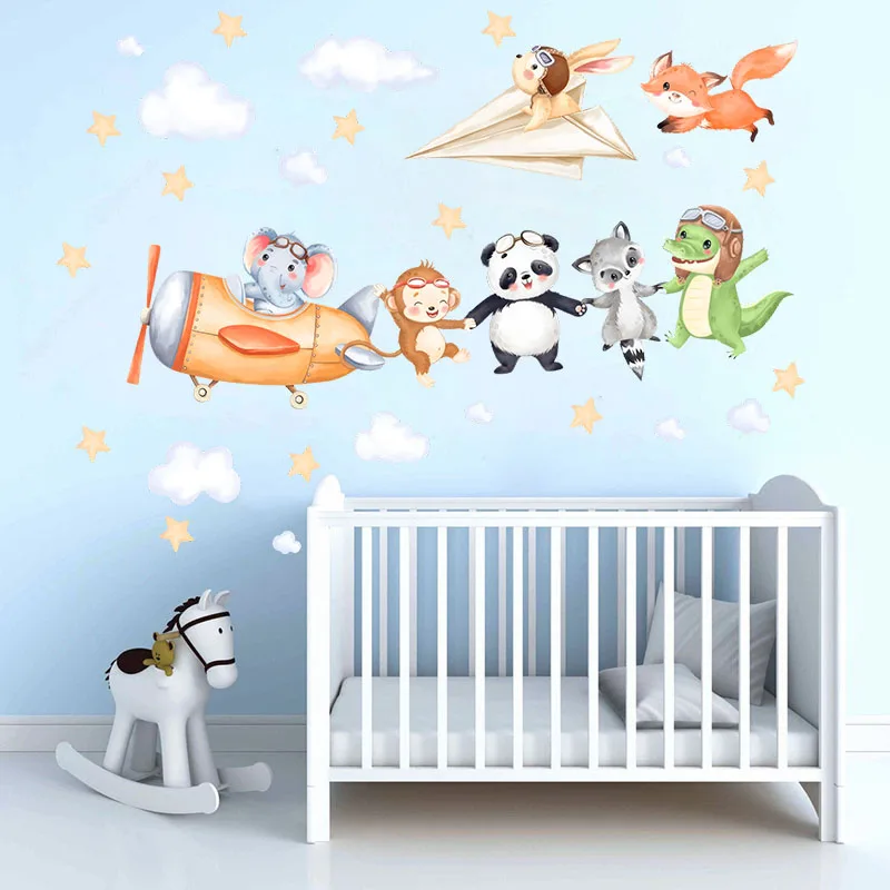 Cartoon Planes Animal Wall Stickers Baby Nursery Elephant Panda Monkey Flying Animal Wall Decals Kids Bedroom Wall Decoration
