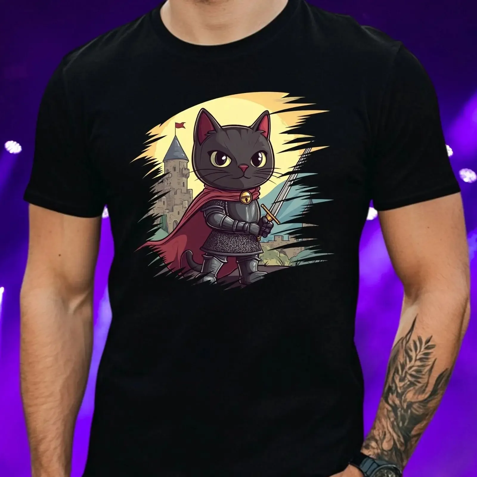 Herren T Shirt Katzen Ritter Motiv Baumwolle Größe XS bis 5XL vintage Washed Top For Everyday Wear Breathable Comfortable