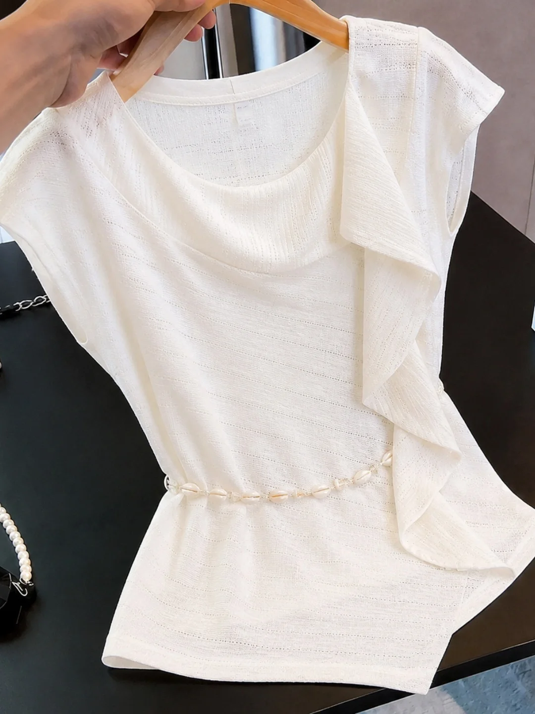 

Summer Soft Skin-friendly Ice Silk Knitted Top Pure Color Casual Design Slimming Commute Korean Style Straight Cut Shirt