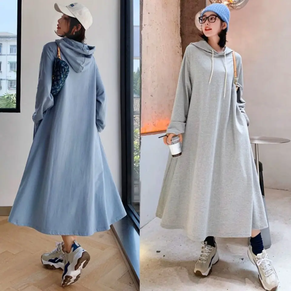 Oversized Autumn 2024 New Casual Korean Solid Color V-neck Long Sleeve Blouse Tshirt Dress Women\'s Simplicity Casual Dresses