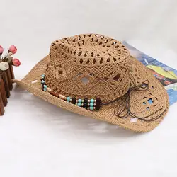 Paper Rope Woven Sun Hat Unisex Straw Beads Cowboy Hat Vintage Western Cowboy Hat Men's Gentleman Hat Lady Jazz Cowgirl Hat