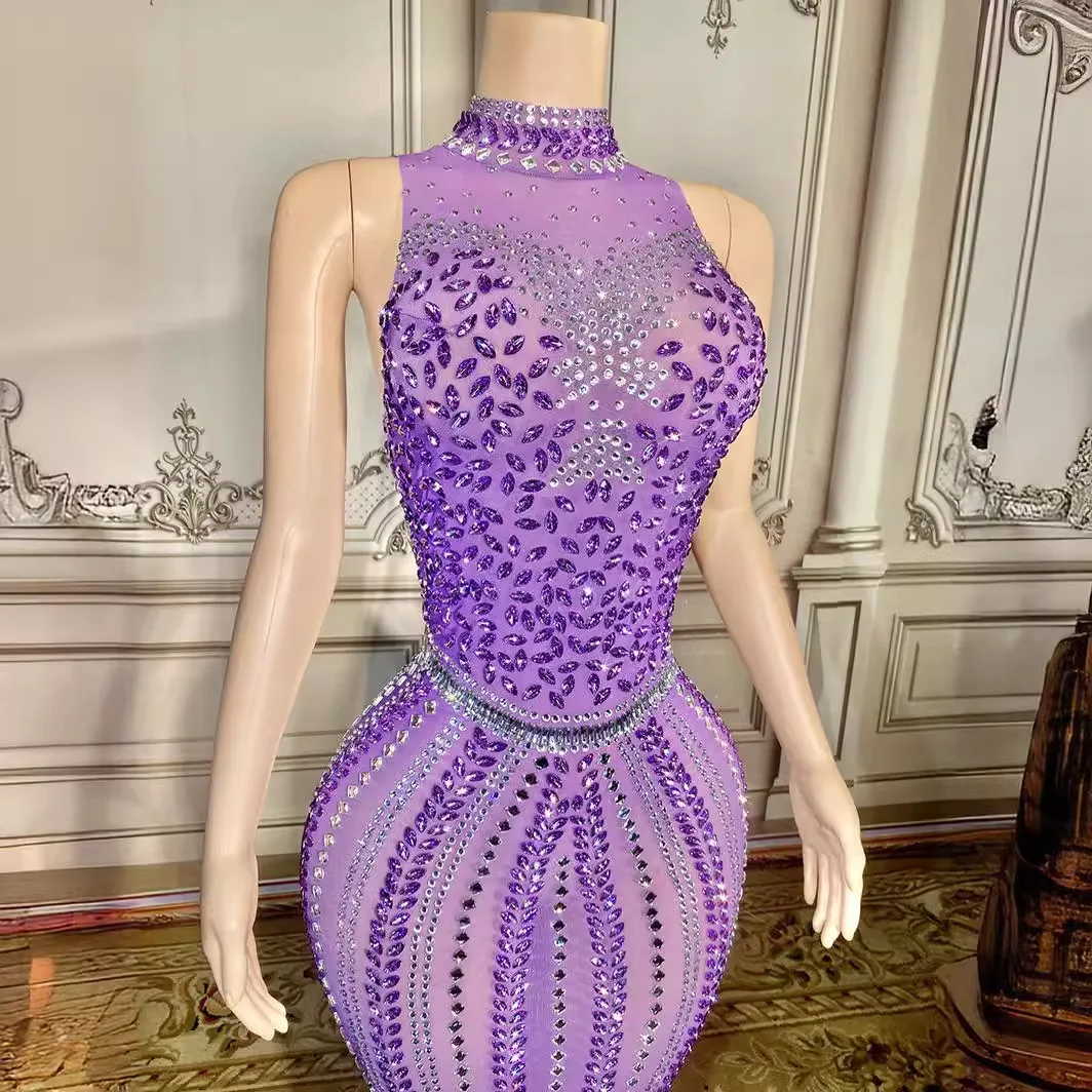 Abito da festa lungo senza maniche di grandi dimensioni con strass argento lucido sexy - Collo a coda di pesce, abiti decorati con cristalli di design avvolgente sui fianchi