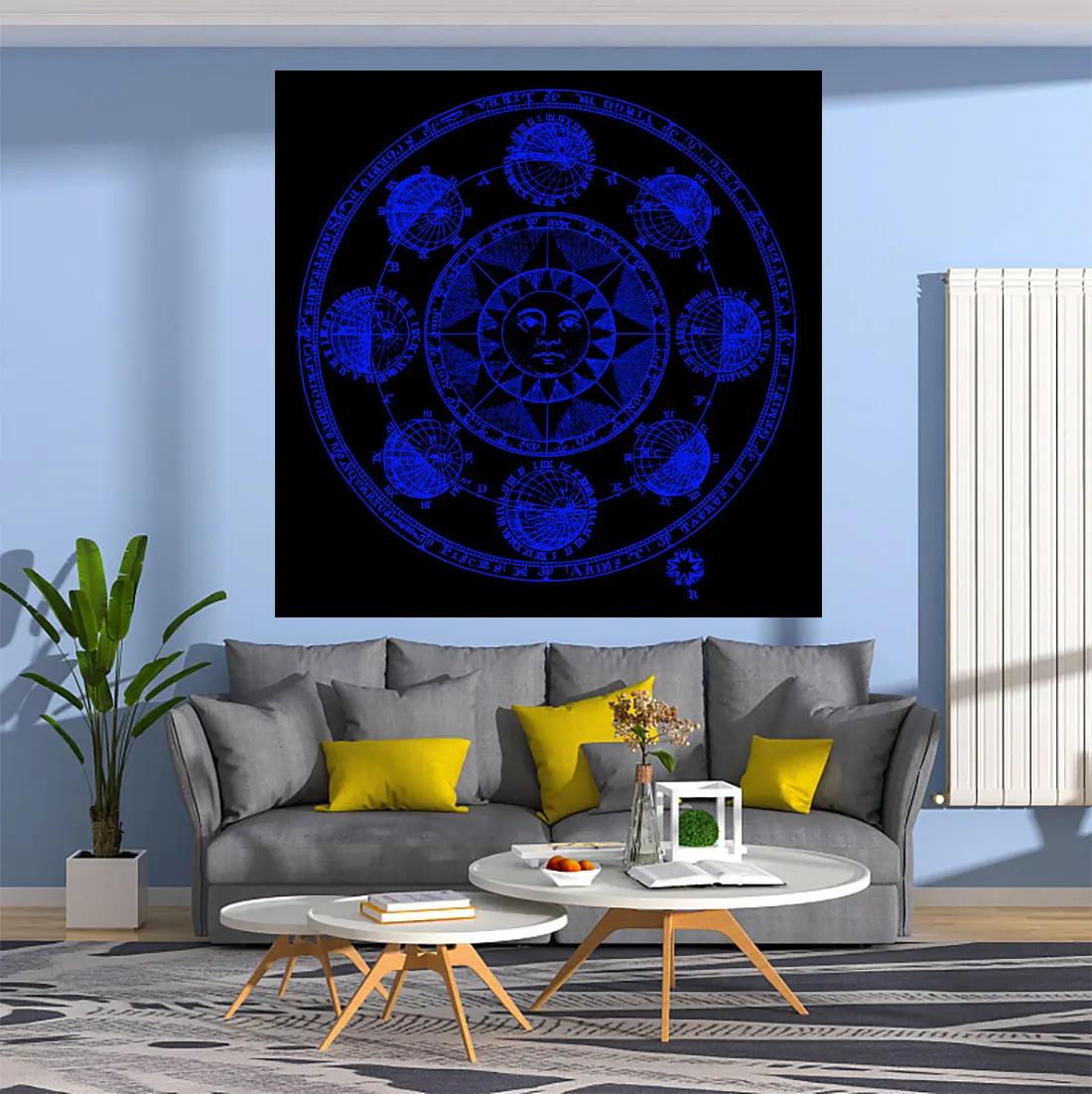 

QdDeco Dark Blue Mandala Tarot Card Tapestry Sun Printed Wall Hanging Carpets Living Room Decoration Home Decor