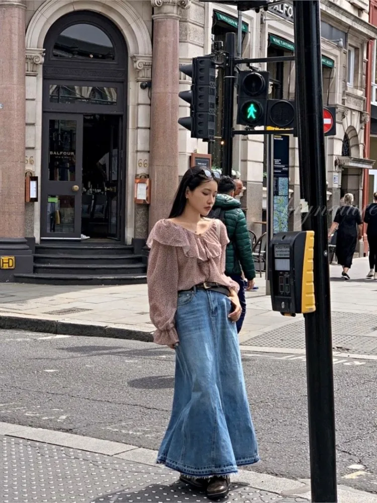 Falda vaquera Retro de otoño de cintura alta para mujer, faldas plisadas con volantes de retales, faldas holgadas de estilo coreano para mujer, faldas acampanadas