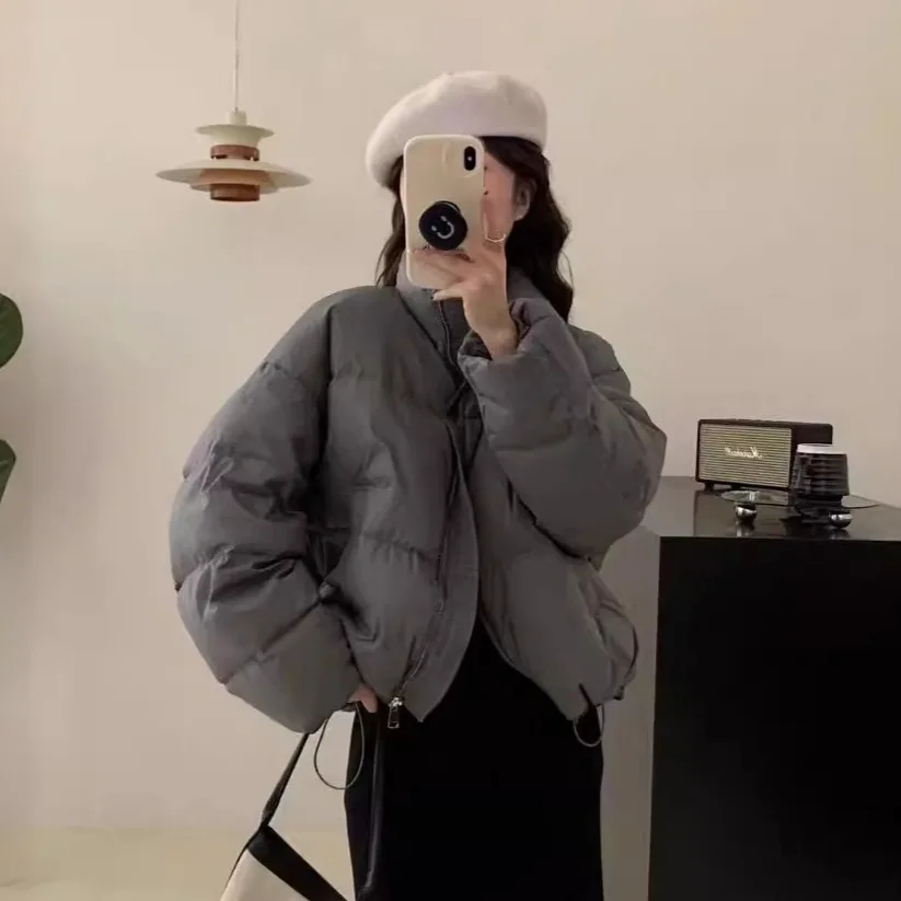 

Women's Puff Style Cotton Jacket Korean Version Stand Collar Short Bread Down Cotton Coat Outerwear Comfortable Casual