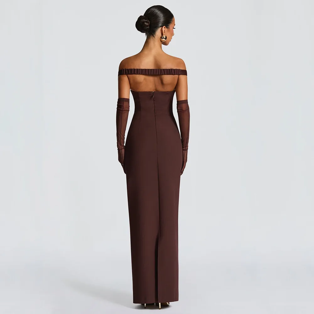 Apprabant Abito lungo da donna con scollo a V sexy con spalle scoperte Sciarpa in rete Nastro senza schienale Cut-Out Slim aderente Abito diviso Partywear