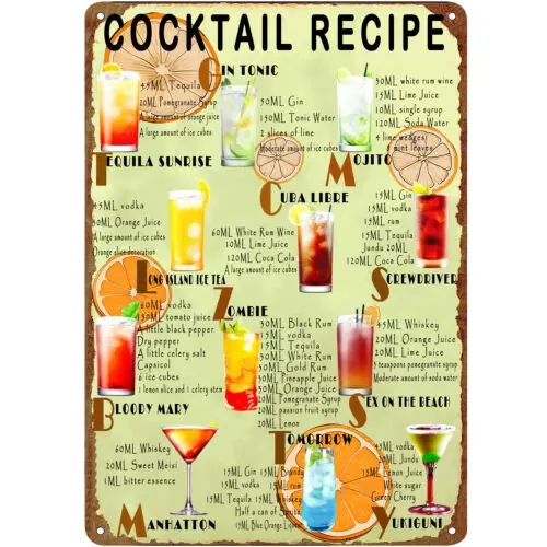 Vintage Classic Cocktail Recipes Metal Sign Cocktail Tin Sign for Home Bar 12x8