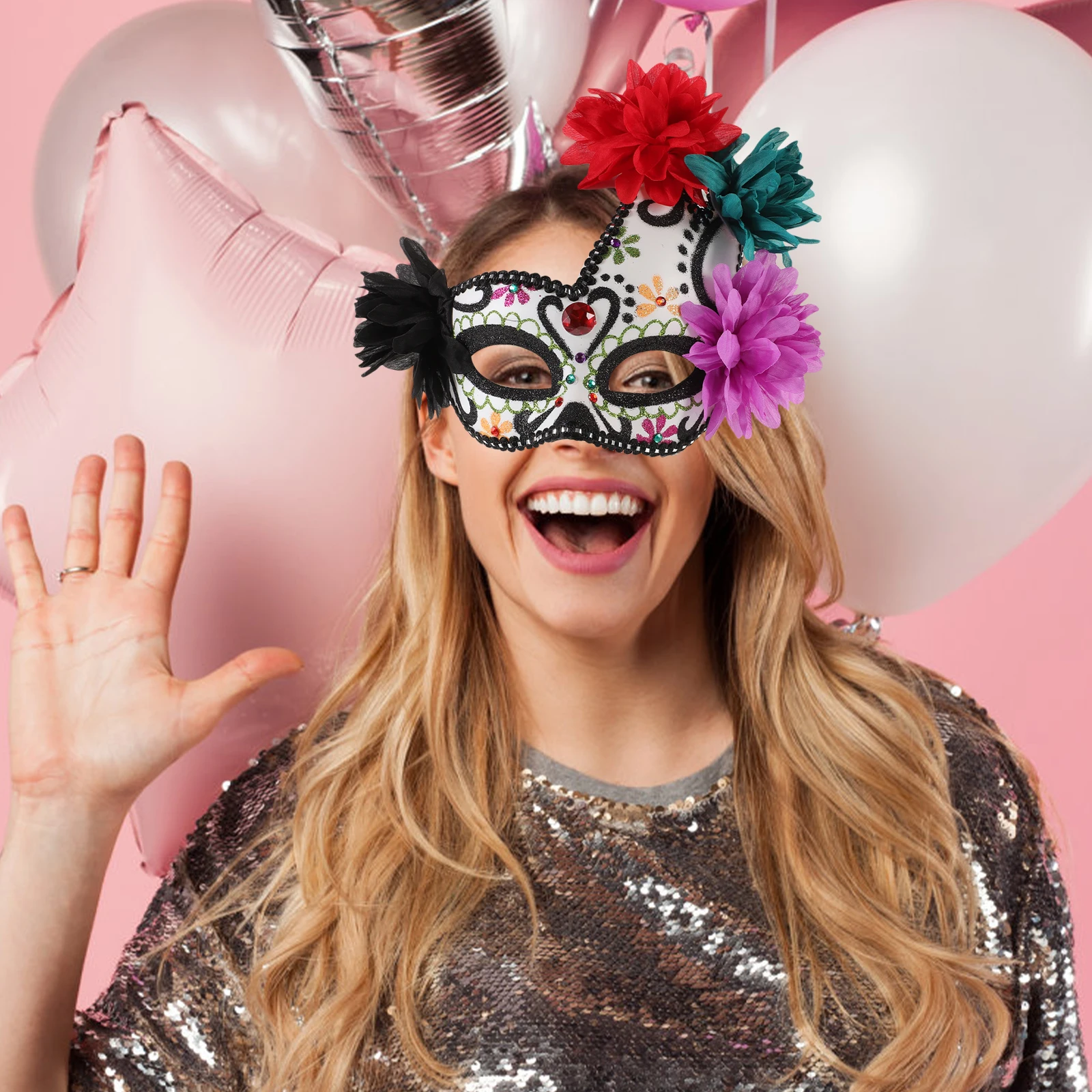 

1Pcs Lightweight Colorful Day Of The Dead Mask Elegant Flower Half Face Mask For Halloween Party Carnival