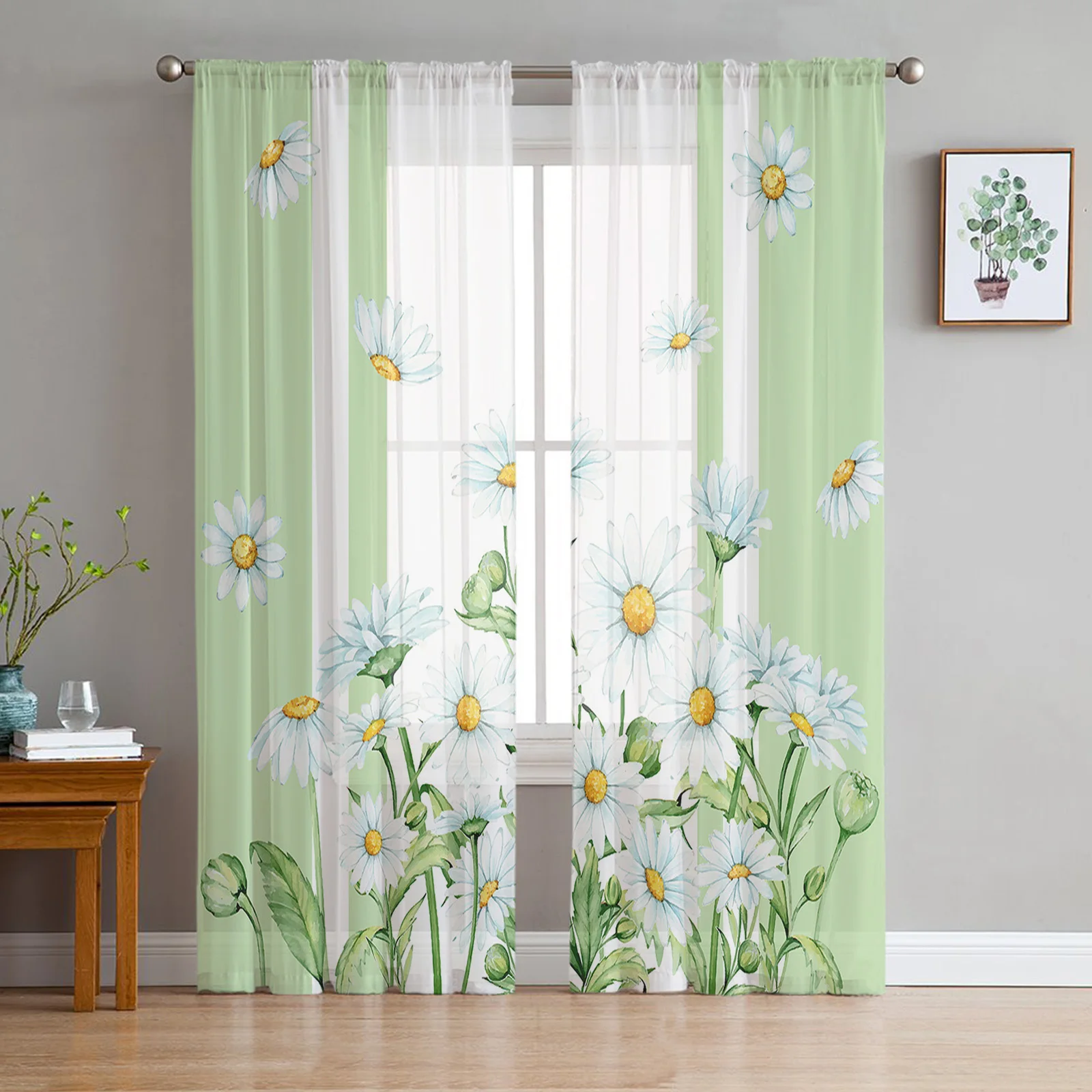 

Summer Flowers Daisies Watercolor Sheer Voile Window Curtains Tulle Curtains Living Room Balcony Decoration Drapes