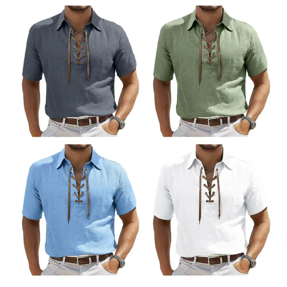

Men's Linen Shirt Hawaii Casual Vacation Men's Short Sleeved Lapel Pocket Shirt High-quality Men's Linen Top Summer Casual Top