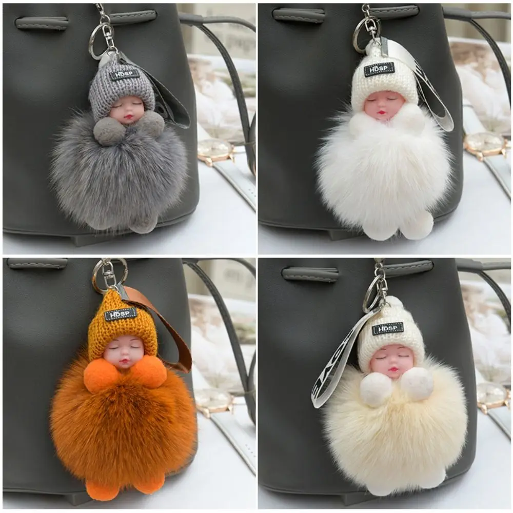 Cute Pompom Sleeping Baby Keychain Fur Ball Gift Pompom Keyholder Fluffy Plush Doll Car Key Ring Women Girl
