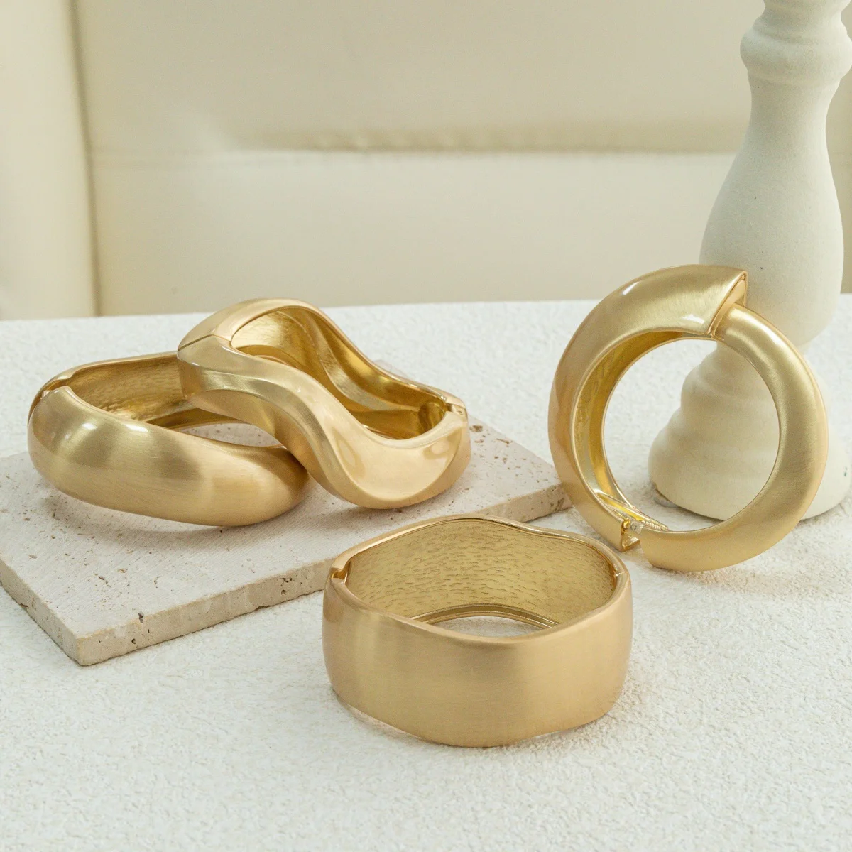 Punk Hip Hop Matte Metal Wide Cuff Bangles Vintage Gold Color Geometric Summer Bangles For Women Men Bracelet Jewelry