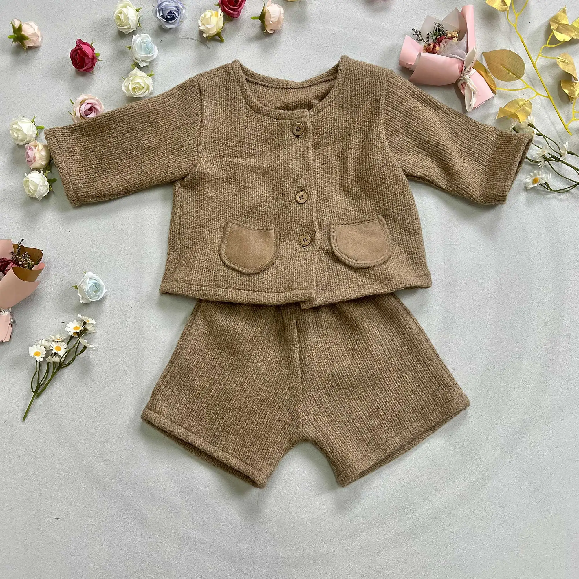 

Toddler 1-6Y Camel Color Linen Top Wool Tweed Shorts Photoshoot Set Kids Photography Outfit Birthday Party Clothes